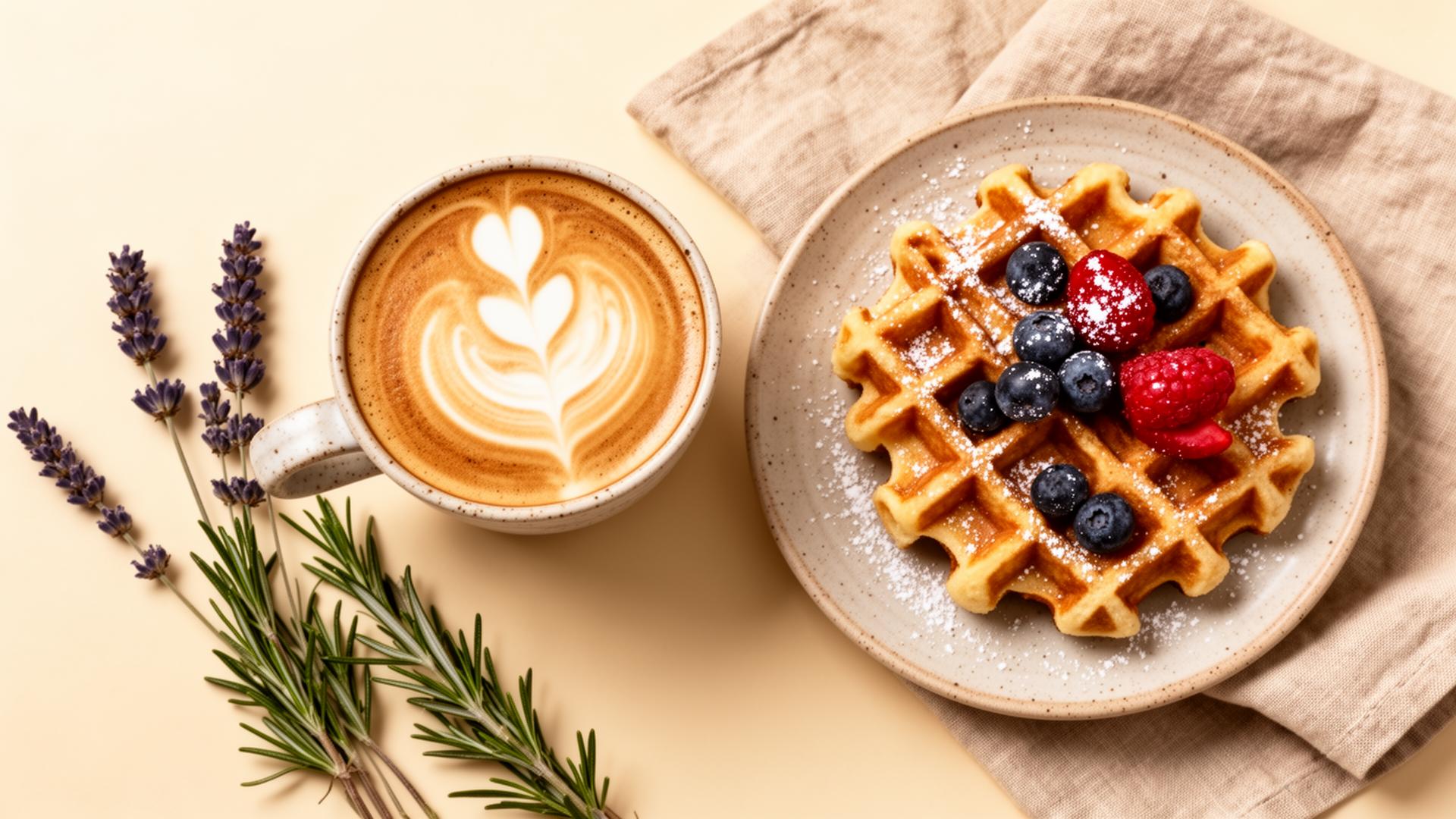 Cappuccino s latte art a zlatá vafla s lesnými plodmi